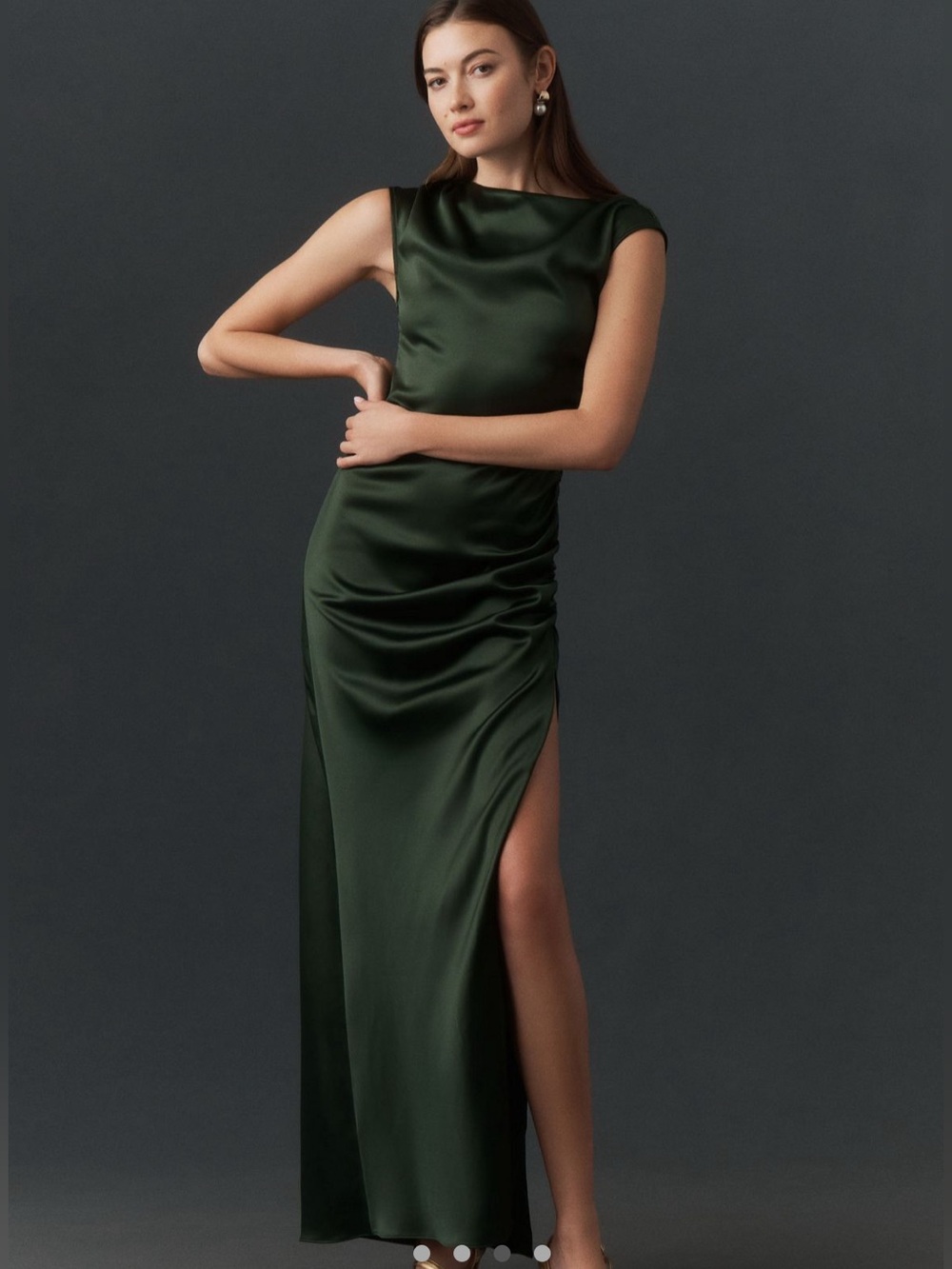 BHLDN Dark Emerald Satin Maxi Dress with Side Slit